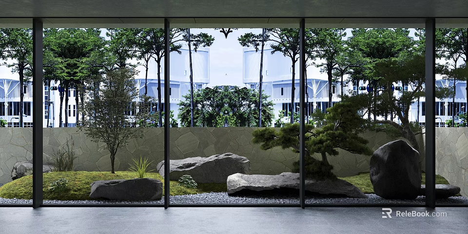 Miniature Garden Landscape With Stones Moss And Small Trees Through Glass Window 3d model 