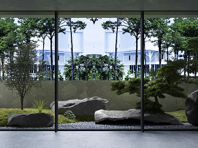 Miniature Garden Landscape With Stones Moss And Small Trees Through Glass Window 3d model