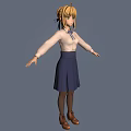 3D Anime Character Model With Blonde Hair Green Eyes White Shirt And Blue Bow Tie