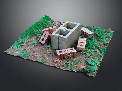 Garden Ornaments With Red And Gray Bricks On Green Grass And Leafy Plants 3d model