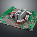 Garden Ornaments With Red And Gray Bricks On Green Grass And Leafy Plants