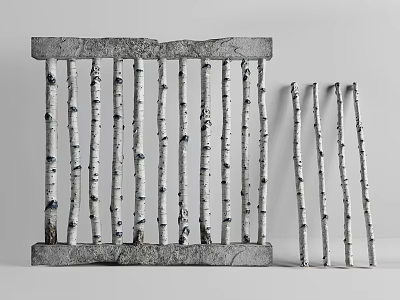 Natural Stone And Wood Railing Design With White Birch Branches And Solid Base 3d model
