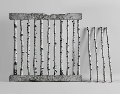 Natural Stone And Wood Railing Design With White Birch Branches And Solid Base 3d model