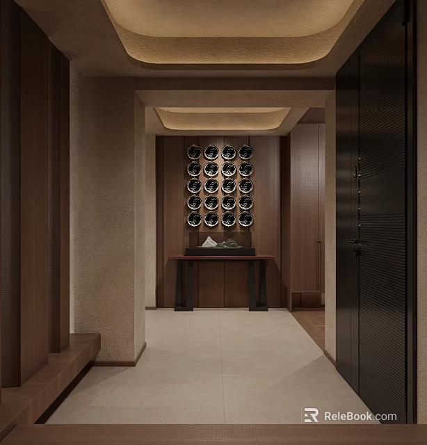 Modern Foyer Corridor Interior Design With Wooden Elements And Circular Decor Wall 3d model