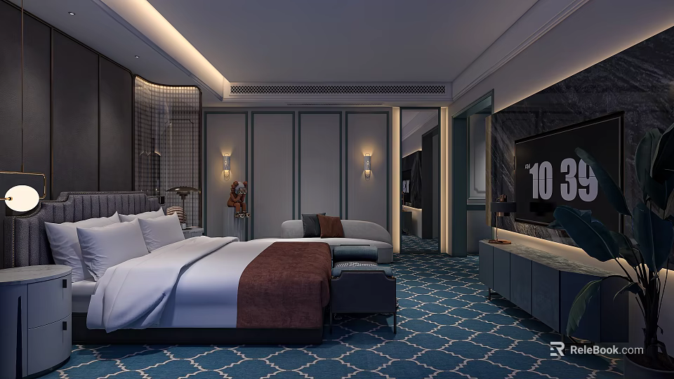 Luxurious Modern Hotel Guest Room With King Bed Sofa And Blue Geometric Carpet 3d model 