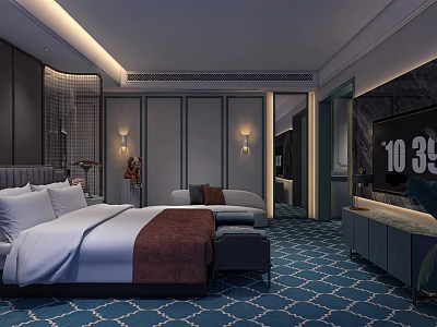 Luxurious Modern Hotel Guest Room With King Bed Sofa And Blue Geometric Carpet 3d model