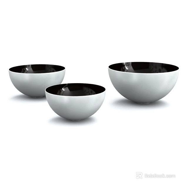 Three Modern White Bowls with Black Inner Rim for Daily Kitchen Use 3d model 