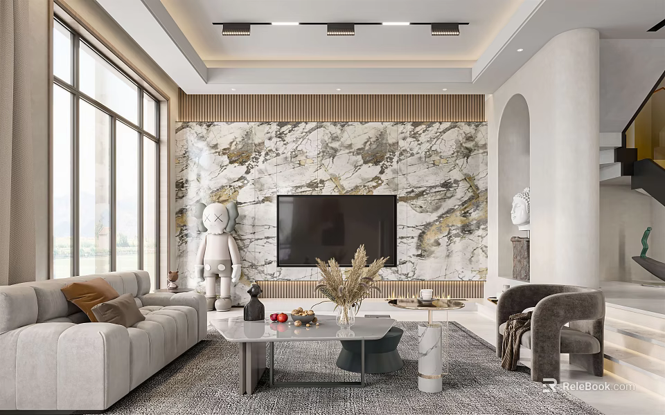Elegant Modern Living Dining Room Interior With Marble Wall TV Sofa And Large Windows 3d model 