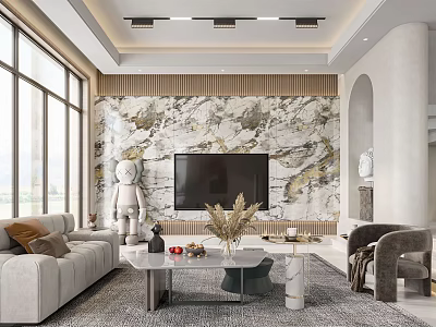 Elegant Modern Living Dining Room Interior With Marble Wall TV Sofa And Large Windows 3d model