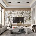 Elegant Modern Living Dining Room Interior With Marble Wall TV Sofa And Large Windows