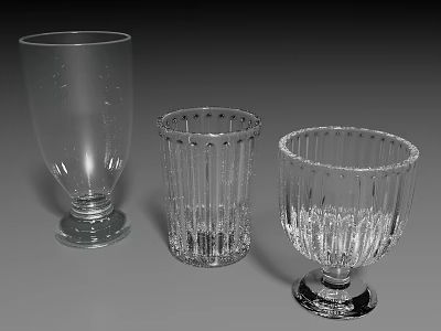 Three Transparent Glass Cups With Different Textured Designs And Stable Bases 3d model