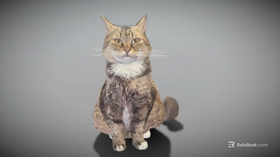 Detailed Brown And White Cat Sitting With Fluffy Fur And Alert Ears On Gray Background 3d model 