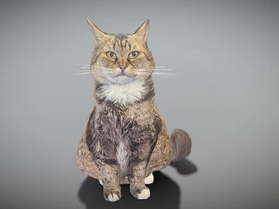 Detailed Brown And White Cat Sitting With Fluffy Fur And Alert Ears On Gray Background 3d model