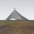 Spiritual Religious Sacred Space With Modern Triangular Concrete Structure And Neatly Arranged Benches