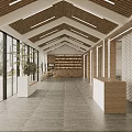 Modern Office Interior With Wooden Ceiling Slats Glass Partitions Reception Desk And City View Window