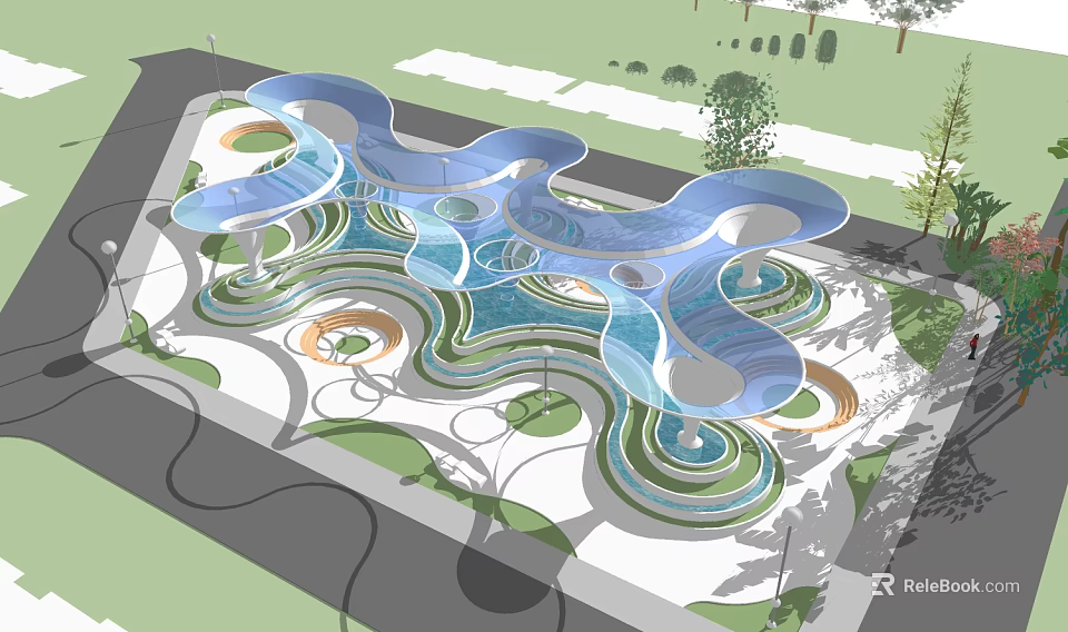 Modern Wavy Pergola Design With Colorful Ground Greenery And Landscape Elements 3d model