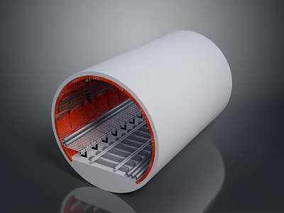 Modern Cylindrical Train Carriage Interior With Red And Gray Design Elements 3d model