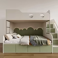 White And Green Kids Bunk Bed With Cloud Shaped Headboard Circular Windows Staircase Storage