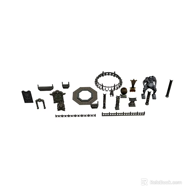 Ancient Architecture Components With Stone Carvings Wooden Brackets Columns And Railings 3d model 