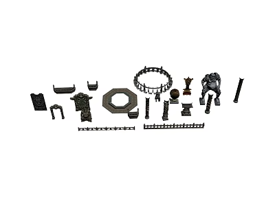 Ancient Architecture Components With Stone Carvings Wooden Brackets Columns And Railings 3d model