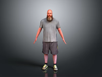 Man With Beard Wearing Gray T-Shirt Dark Shorts And Yellow Sneakers Standing Against Gray Background 3d model