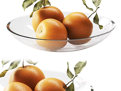 Fresh Oranges with Green Leaves Beautifully Arranged in Transparent Glass Bowl 3d model