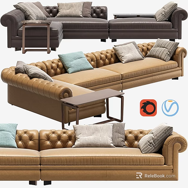 Brown Leather Tufted Sofa With Soft Pillows And Wooden Side Table In Living Room 3d model 