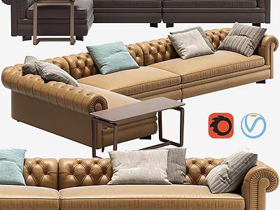 Brown Leather Tufted Sofa With Soft Pillows And Wooden Side Table In Living Room 3d model