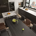 Modern Open Kitchen Interior Design With Island Counter Cabinets And Dining Chairs 3d model