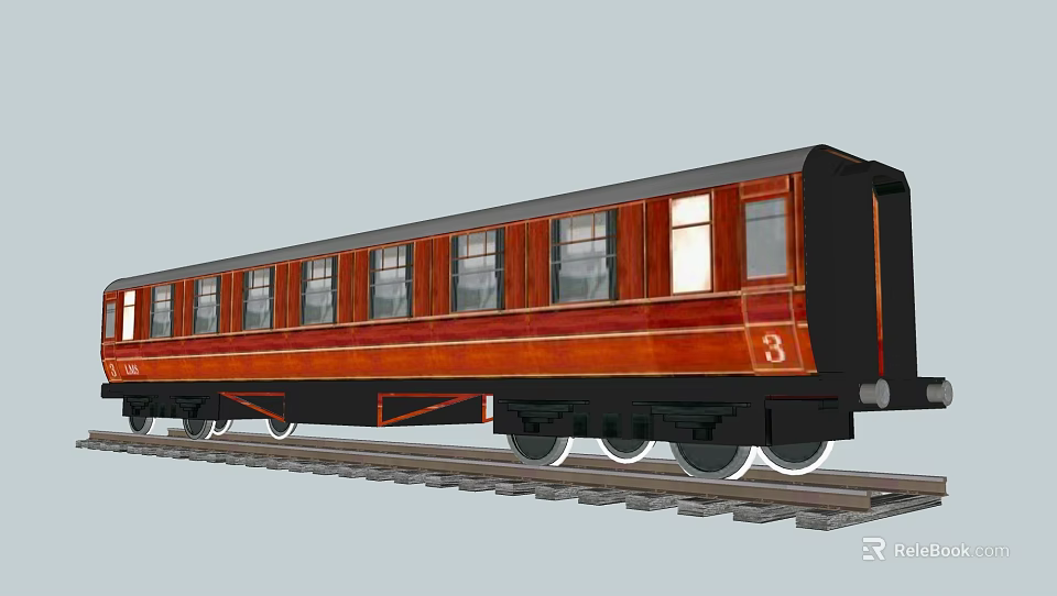 Vintage Train Carriage With Red Black Exterior And Number 3 On Railway Tracks 3d model 