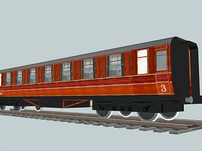 Vintage Train Carriage With Red Black Exterior And Number 3 On Railway Tracks 3d model