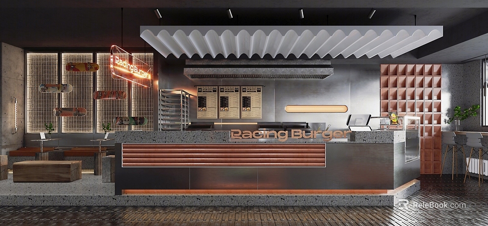 Contemporary Cafe Interior With Neon Sign Wavy Ceiling Counter And Metal Wooden Decor 3d model 