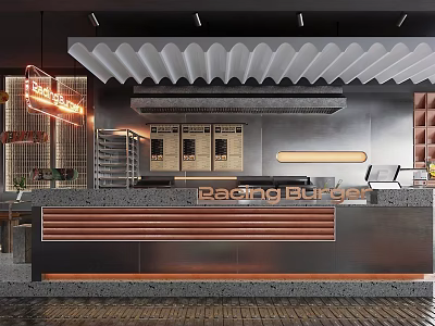 Contemporary Cafe Interior With Neon Sign Wavy Ceiling Counter And Metal Wooden Decor 3d model