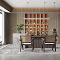 Modern Tea Room Interior Design With Wooden Walls Built in Bookshelf Tea Set And Chairs
