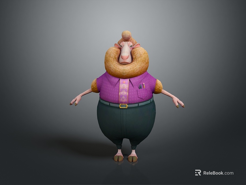 3D Cartoon Train Model With Chubby Sheep Character In Purple Shirt And Dark Pants 3d model 