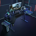 Gaming Desk Setup With Multiple Monitors RGB Lighting Keyboard Mouse Headphones And Gaming Accessories