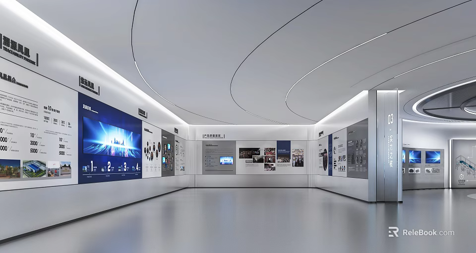 Spacious Modern Showroom Interior With Curved Ceiling Digital Screens And Display Panels 3d model 