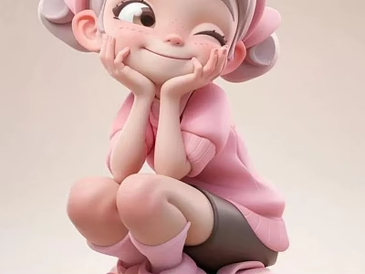 Cute Cartoon Girl Decorative Ornament Set With Pink Outfit And Squatting Pose 3d model