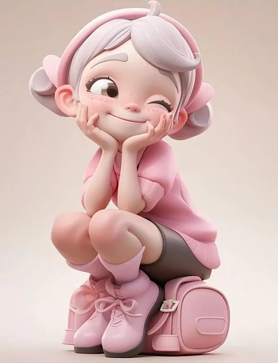 Cute Cartoon Girl Decorative Ornament Set With Pink Outfit And Squatting Pose 3d model
