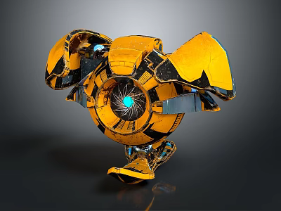 Yellow Black Futuristic Armored Mechanical Robot With Blue Glowing Core And Metal Arms 3d model