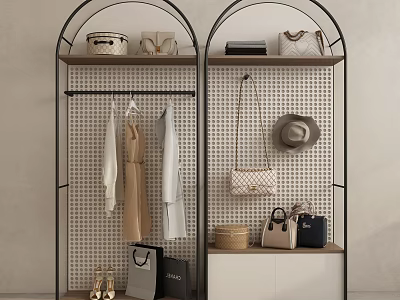 Arched Metal Frame Display Shelves With Handbags Hats Dresses And Shoes On Grid Panel 3d model