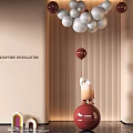 Modern Sculptural Installation With Red Spherical Artwork And White Decorative Balls On Beige Striped Wall