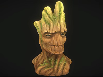 Groot Tree Creature 3D Head Sculpture With Wooden Texture And Green Leaves 3d model