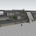 Modern Triangular Roof Building With Glass Windows Staircase Terrace ADU Sign And Pedestrians