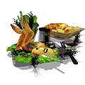 Assorted Fried Snacks With Potato Balls And Fresh Salad Bowl With Lettuce And Strips