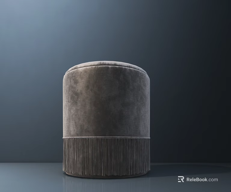 Luxurious Stylish Modern Round Gray Velvet Ottoman With Fringed Base 3d model 