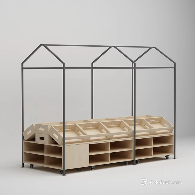 Sturdy Fruit Store Display Shelf With Metal Frame Wooden Trays And Mobile Wheels 3d model 