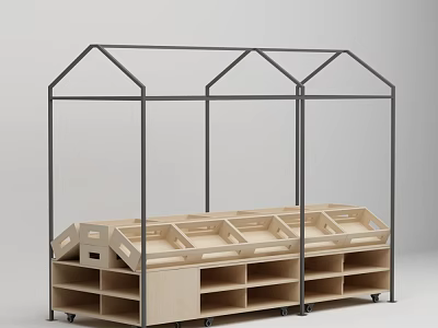 Sturdy Fruit Store Display Shelf With Metal Frame Wooden Trays And Mobile Wheels 3d model