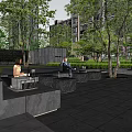 Modern Serene Residential Landscape With Lush Trees Seating Area And Art Sculpture