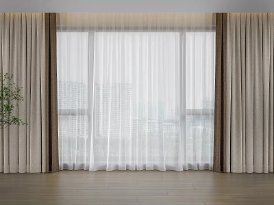 Double Layer Beige Curtains And White Sheer For Window With City View Indoor 3d model